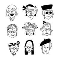 Eine Reihe verschiedener alter Frauen steht vor App-Symbolen im linearen Doodle-Stil. Köpfe Bildersammlung stilvoller älterer weiblicher Charaktere. Vektor handgezeichnete Illustrationen.
