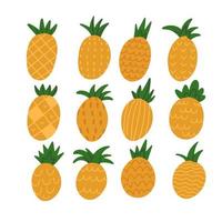 kreative unterschiedliche ananassammlung. satz von handgezeichneten ananas. Sommerfrüchte isoliert auf weißem Hintergrund. trendige moderne flache bunte vektorillustration vektor