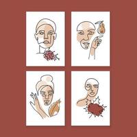 Reihe von Porträts von Frauen mit Herbstlaub und abstrakten Formen aus Terrakotta, Beige und Gelb. handgezeichnete minimalistische linien. isolierte vektorillustration für soziale netzwerke. A4-Poster vektor