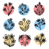 vektor uppsättning element blommor, stjälk, löv, kronblad, band, hjärtan botaniska vintage illustration. bukett växter blommig repatitiv prydnad för bakgrund, utskrift på tyg, papper, tapeter