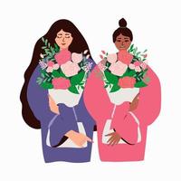 Internationaler Frauentag. vektorillustration mit frauen verschiedener nationalitäten und kulturen mit blumensträußen. Vektor-Illustration vektor