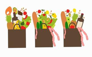 shoppingkassar och korgar platt vektor illustrationer set. matinköp, pappers- och plastförpackningar. naturlig mat, ekologisk frukt och grönsaker.