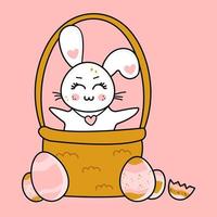 Osterhase im Vektor-Kawaii-Cartoon-Stil in einem Korb mit Eiern vektor