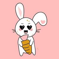 süßes kawaii kaninchen mit einer karotte in der hand, maskottchen, süße karikaturvektorfigur vektor