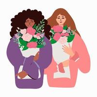 Internationaler Frauentag. vektorillustration mit frauen verschiedener nationalitäten und kulturen mit blumensträußen. Vektor-Illustration. vektor