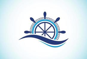 Schiffslenkrad mit Ozeanwellen-Logo-Design vektor