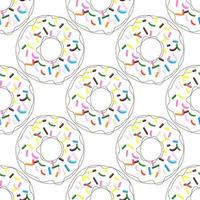 Vektornahtlose Musterillustration von Donuts in Strichzeichnungen mit mehrfarbigem Gebäckbelag auf weißem Hintergrund vektor