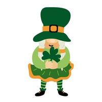 st. Patrick's Day lustiger Gnom mit Klee. karikaturillustration lokalisiert auf weiß. Ideal für Grußkarten, Kneipeneinladungen, Poster, T-Shirt-Design. weiblicher Charakter. vektor