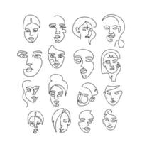 stellen Sie lineare Frauenporträts ein. kontinuierliche lineare Silhouette des weiblichen Gesichts. Umrisskunst handgezeichnet von Avataren Mädchen. lineares vektor-glamour-logo im minimalen stil. vektor