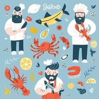 tecknade chefskockar håller stekt fisk, hummer och laxbiff. färgglad illustration med skaldjursingredienser för din design. platt handritad vektorillustration. vektor