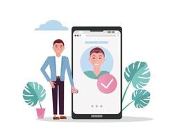 Mann mit großem Mobiltelefon. akzeptiertes männliches gesicht auf dem smartphone-bildschirm, hintergrund des gesichts-id-konzepts, persönlichkeitserkennung, identifikation. flache vektorillustration. vektor