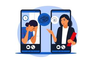 psychologisches Beratungskonzept. psychologischer hilfedienst online auf dem handy. Der Therapeut hilft dem Patienten, mit einer Stresssituation fertig zu werden. Vektor-Illustration. eben. vektor