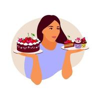 Konzept der Essstörung. Frau verschlingt gierig Kuchen und Cupcake. Vektor-Illustration. Wohnung vektor