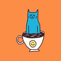 blå katt koppla av på en kopp kaffe, illustration för t-shirt, klistermärke eller klädesplagg. med doodle, mjuk pop och tecknad stil. vektor