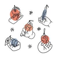 babys händer hängande julkulor och grannlåt. uppsättning linjära illustrationer med abstrakta former. söta barnsliga palmer med julgransdekorationer i glas. vektor