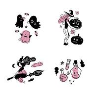 glad halloween klistermärke set med häxa flicka silhuetter från sidan. vektor platt linjär illustration isolerad på vit bakgrund. svarta klistermärken. svart och rosa flickaktigt koncept.
