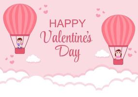 glad alla hjärtans dag platt designillustration som firas den 17 februari med nallebjörn, luftballong och present för kärlek gratulationskort vektor