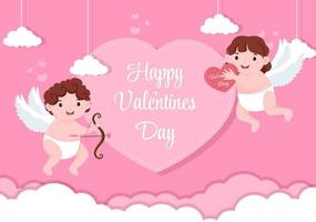 glad alla hjärtans dag platt designillustration som firas den 17 februari med söt cupid, änglar på moln för kärlek gratulationskort vektor