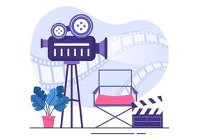 filmpremierenshow oder kino mit kamera, popcorn, clapperboard, filmband und -spule in der hintergrundillustration des flachen designs vektor