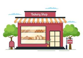 bageributiksbyggnad som säljer olika typer av bröd som vitt bröd, bakverk och andra bakade i platt bakgrund för affischillustration vektor