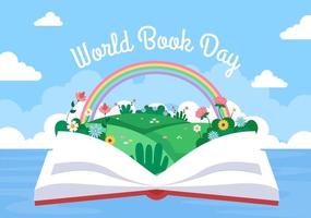 World Book Day platt tecknad bakgrundsillustration. trave böcker att läsa, öka insikten och kunskapen lämplig för tapeter eller affisch vektor