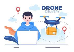 leveranstjänst använder drone bakgrund vektorillustration. anställd som distribuerar lådor med hjälp av modern teknikanordning för att skicka paketpaket vektor