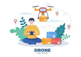 leveranstjänst använder drone bakgrund vektorillustration. anställd som distribuerar lådor med hjälp av modern teknikanordning för att skicka paketpaket vektor