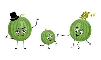 familj av vattenmelon frukt karaktärer med glada känslor, leende ansikte, glada ögon, armar och ben. mamma är glad, pappa har hatt på sig och barnet dansar. platt vektor illustration