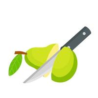 Birne. geschnittene grüne Frucht. Küchenmesser. vektor