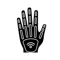 Menschliches Mikrochip-Implantat im Handzeichen-Symbol. NFC-Implantat. implantierter RFID-Transponder. Silhouettensymbol. negativer Raum. vektor isolierte illustration