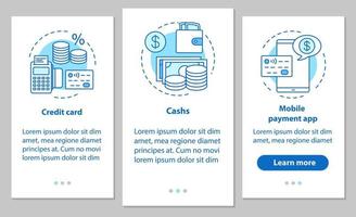 banking onboarding mobil app sidskärm med linjära koncept. Finansiella tjänster. kreditkort, kontanter, mobil betalning app steg grafiska instruktioner. ux, ui, gui vektormall med illustrationer vektor