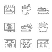 Kreuzfahrt lineare Symbole gesetzt. Sommerreise. Kreuzfahrtschiffe, Ausflugsrouten, Laufbänder, Ausflugstickets, Online-Buchung. dünne Linienkontursymbole. isolierte vektorumrissillustrationen. editierbarer Strich vektor