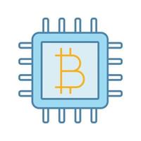 cpu mining färgikon. hårdvara för brytning av kryptovaluta. bitcoin tecken inuti mikrochip. digitala pengar. isolerade vektor illustration
