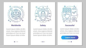 lieferung und handel beim onboarding des mobilen app-seitenbildschirms mit linearen konzepten. weltweit erfolgreiche, sichere Schritte grafische Anleitungen. ux, ui, gui-vektorvorlage mit illustrationen vektor