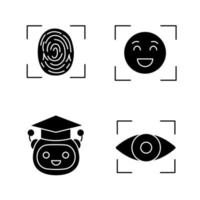 Glyphensymbole für maschinelles Lernen festgelegt. Fingerabdruckerkennung, Emotionserkennung, Lehrer-Bot, Retina-Scan. Silhouettensymbole. vektor isolierte illustration