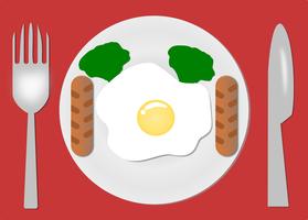Spiegeleier. Teller, Gabel und Messer. Frühstück servieren. Gekochtes Omelett. Getrennter roter Hintergrund. Design für Vector. Illustration. vektor