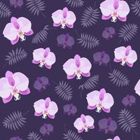 rosa orkidé och palmgren på det lila sömlösa mönstret vektor