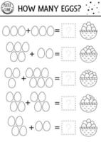 Ostern Schwarz-Weiß-Zählspiel mit farbigen Eiern und Korb. Ferienaktivitäten für Kinder im Vorschulalter. Mathe-Arbeitsblatt zum Ausdrucken für den Frühling. Additionspuzzle oder Malseite für Kinder vektor