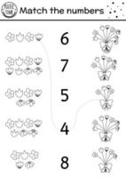 påsk svart och vitt matchande spel med bukett vårblommor. semester matematikaktivitet för förskolebarn med växter. pedagogiskt utskrivbart räkneblad för barn vektor