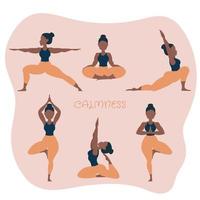 Yoga-Posen gesetzt. Frau, die Meditation und Dehnung praktiziert. gesundes lebensstilkonzept. flache Cartoon-Vektor-Illustration. vektor