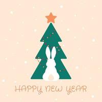 frohes neues jahr grußkarte, plakat, mit niedlicher, süßer häschensilhouette auf weihnachtsbaumhintergrund vektor