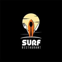 sonne, besteck und surfbrett für das logo-design des strandrestaurants vektor