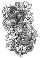 tatuering konst dargon fluga och lotus ritning skiss svart och vitt vektor