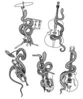tatuering konst musikinstrument och orm hand ritning och skiss vektor