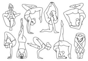 silhuetter flicka utövar yoga stretching övningar handritning och skiss vektor