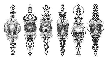 tattoo art wolf affe tiger und elefant handzeichnung und skizze schwarz und weiß vektor