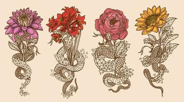 tatueringskonst snak och blomma ritning och skiss färg vintage vektor