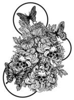 Tätowierung Kunstschädel Blume und Schmetterling Handzeichnung und Skizze schwarz und weiß vektor