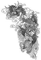 tattoo art dargon fly and fishs zeichnung skizze schwarz und weiß vektor