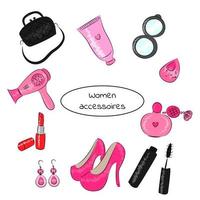 set modische damentaschen für kosmetik und accessoires, hochhackige schuhe, lippenstift, parfüm, ohrringe, mascara-schwamm, spiegel, fön, creme, trendiger doodle-stil zum dekorieren von textilien vektor